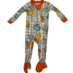 Burts Bees Organic Cotton Baby Footed Pajamas 3-6M Pumpkin Fall Gingham NonSlip
